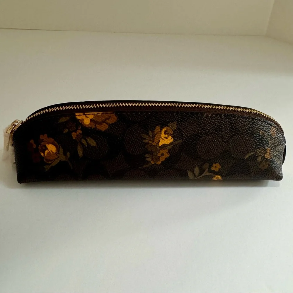 NWT Coach CCI83 Floral Signature Canvas Pencil Case Walnut Yellow
